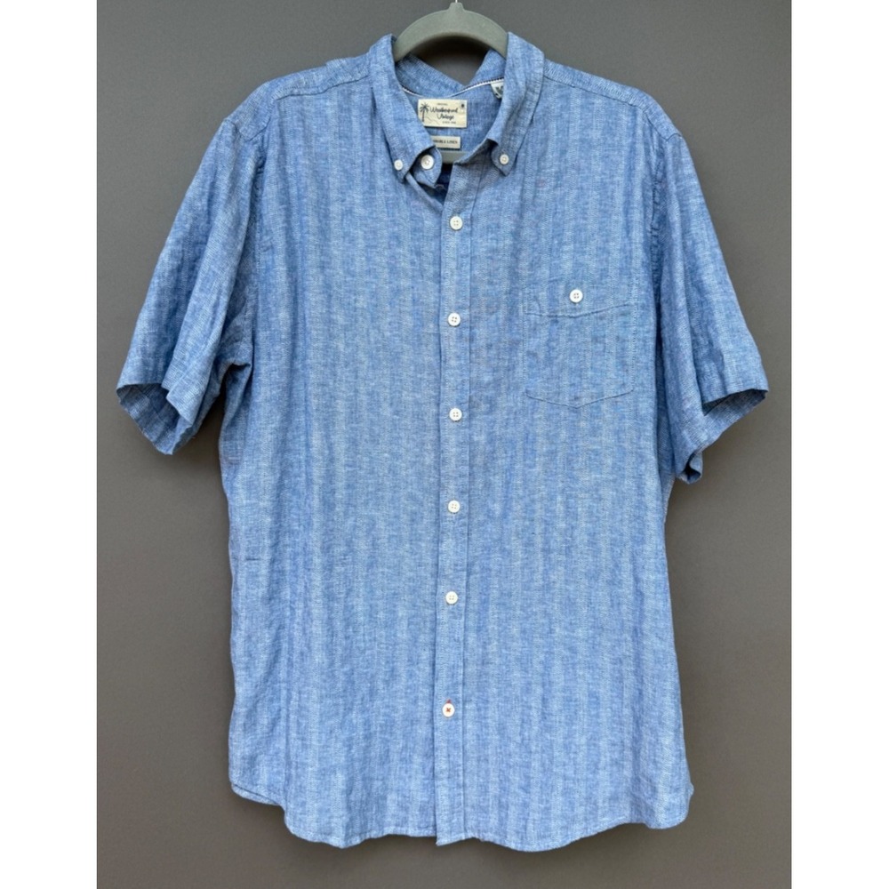 Weatherproof Vintage Mens XL Washable Linen Short Sleeve Shirt Button Front Blue